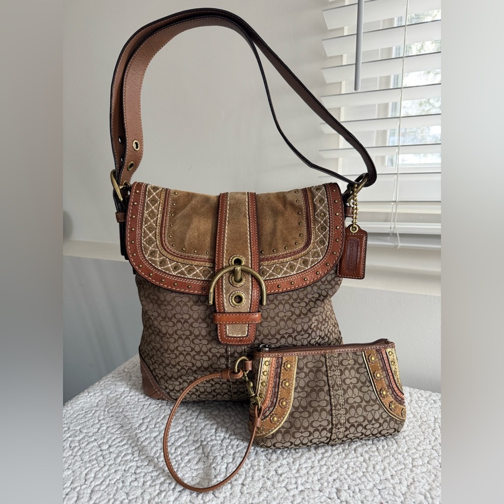 Coach Y2K Soho Signature Canvas Suede Studded Rivets Bag With Matching Wristlet